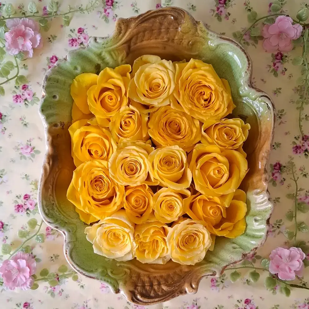  Vibrant yellow roses in ceramic bowl