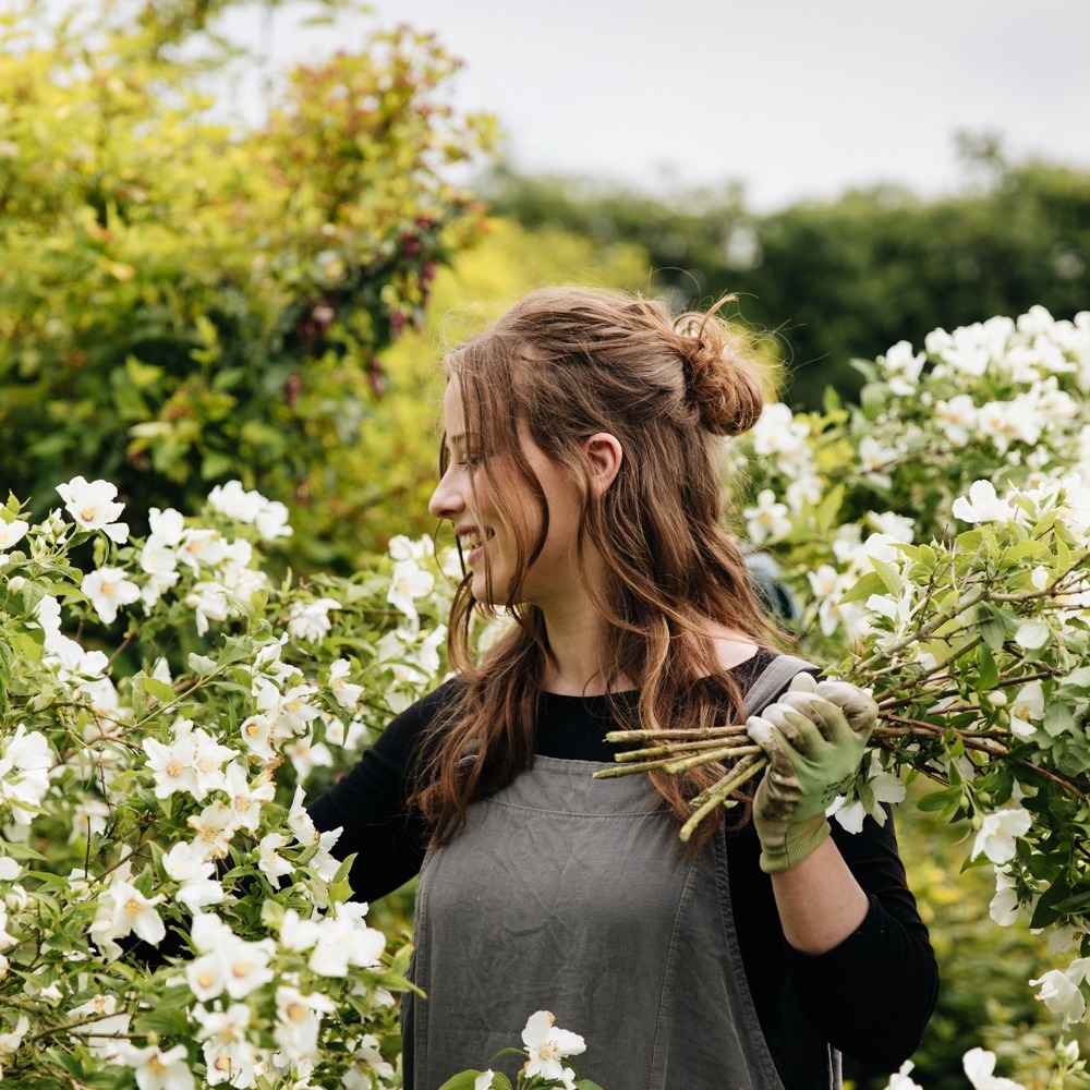 Woman smiling, cutting white roses.