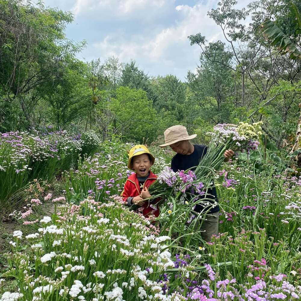 Children happily harvesting colorful flowers in field