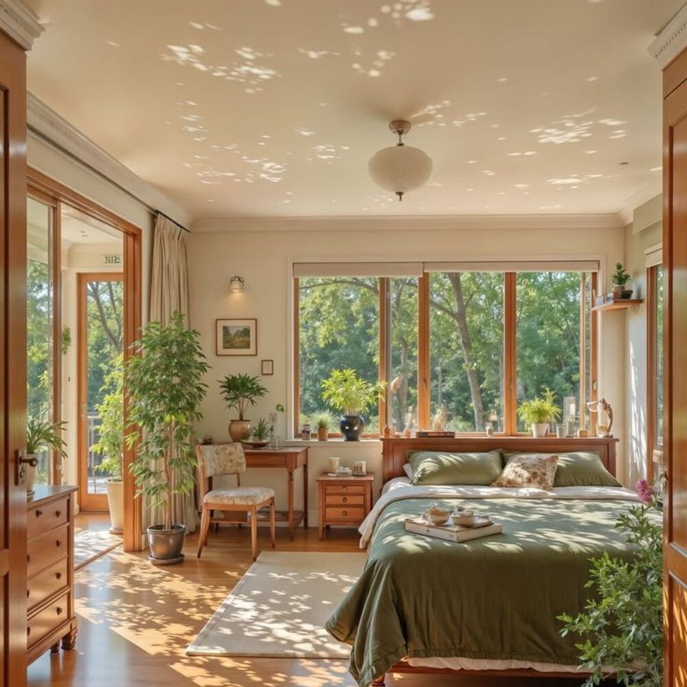 A sunlit bedroom with green bedding
