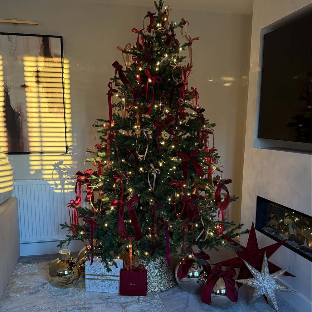 Christmas tree decorated with red ribbons