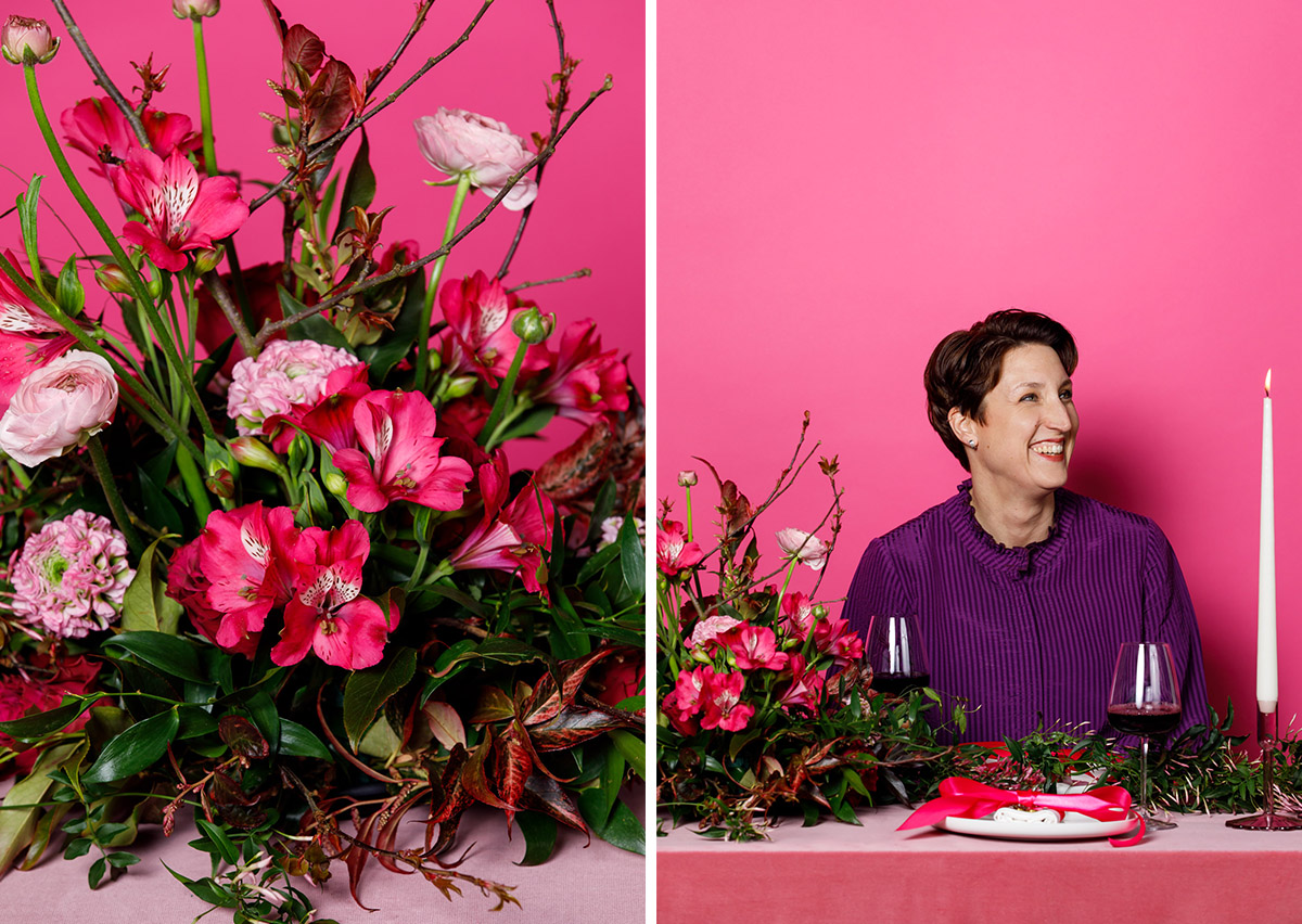 Karolien Tesselaar table with red wine and purple Alstroemerias