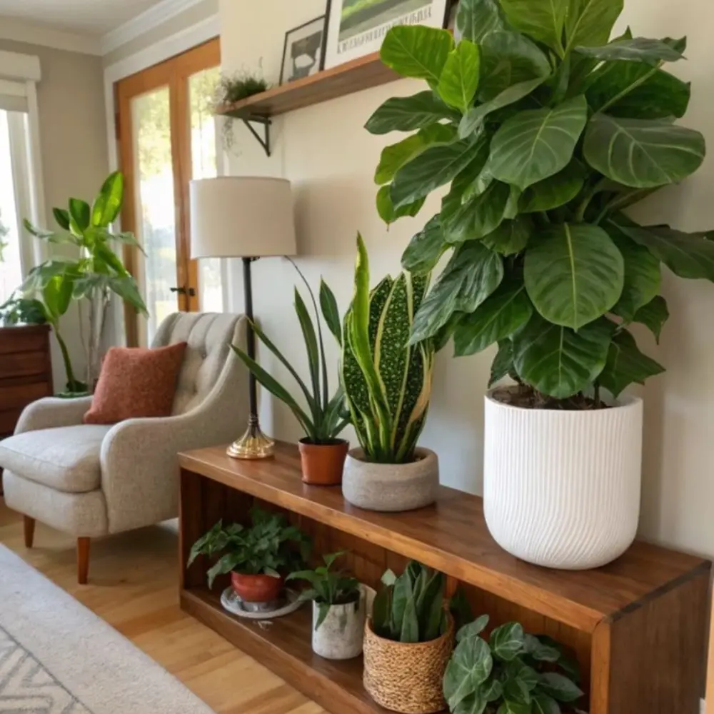 Lush indoor plants decorating a cozy wooden shelf