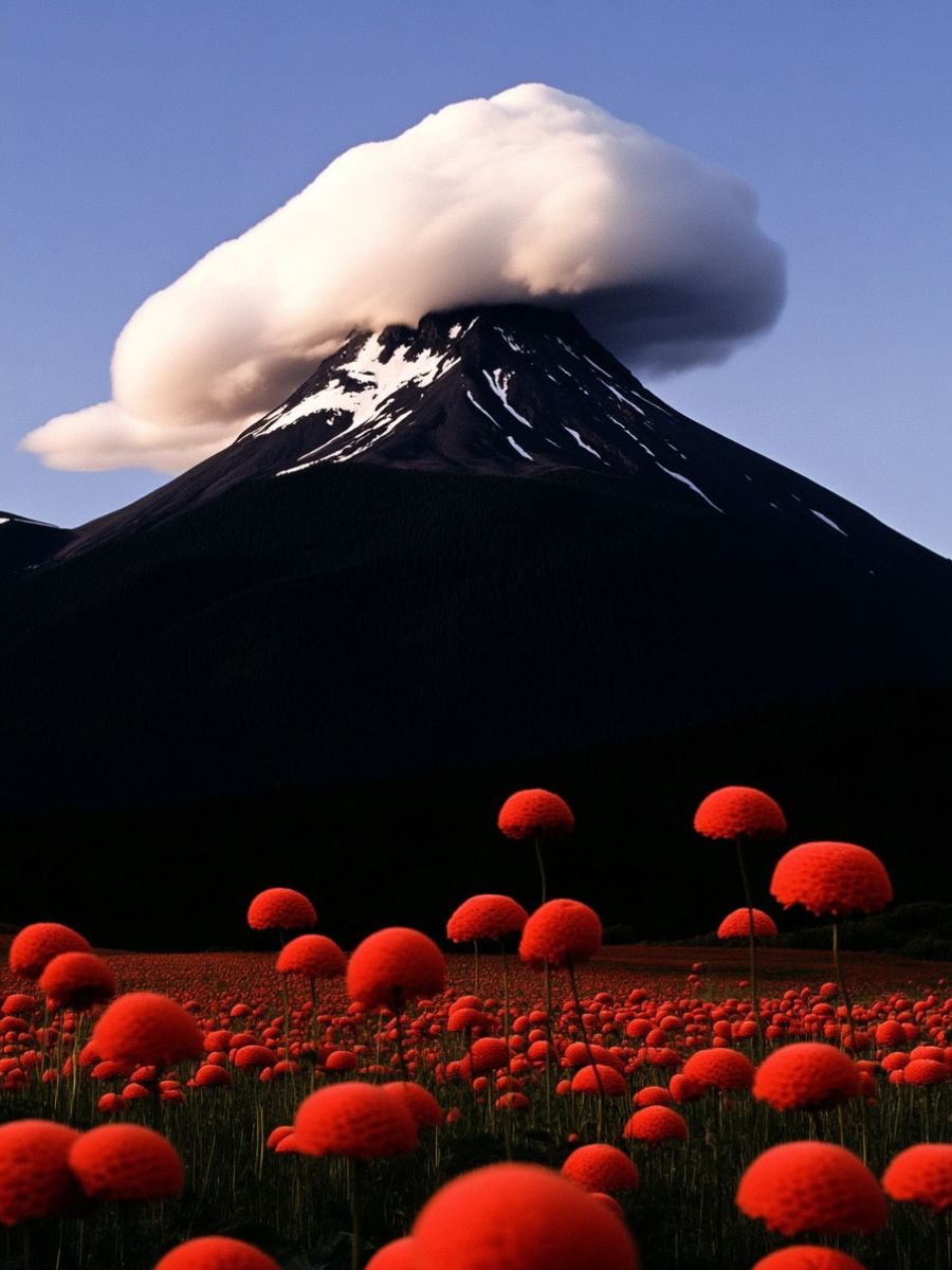 A volcano with red flowers AI