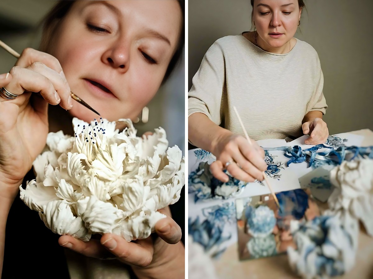 Making the floral art pieces Anna Volkova Creates Uniquely Realistic Porcelain Floral Art Pieces