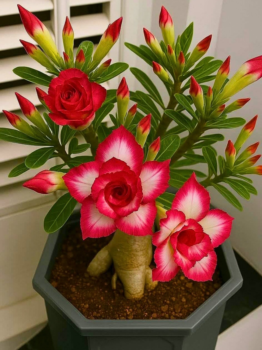 potted Adenium obesum with red and white flowers