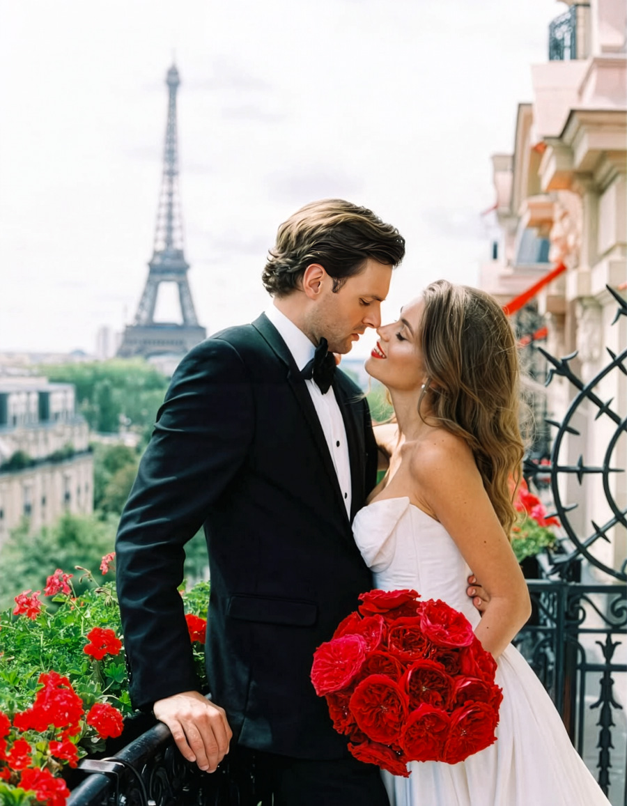 Rose Tess with bridal couple in Paris