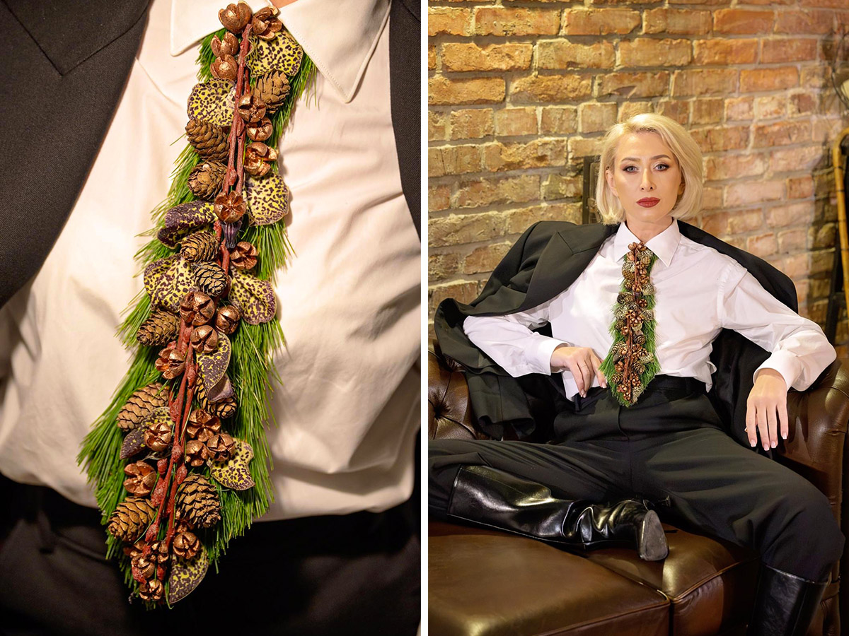 Laura Draghici model pine cone tie