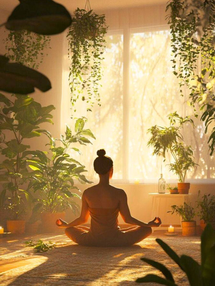 Girl in a yoga room with plants