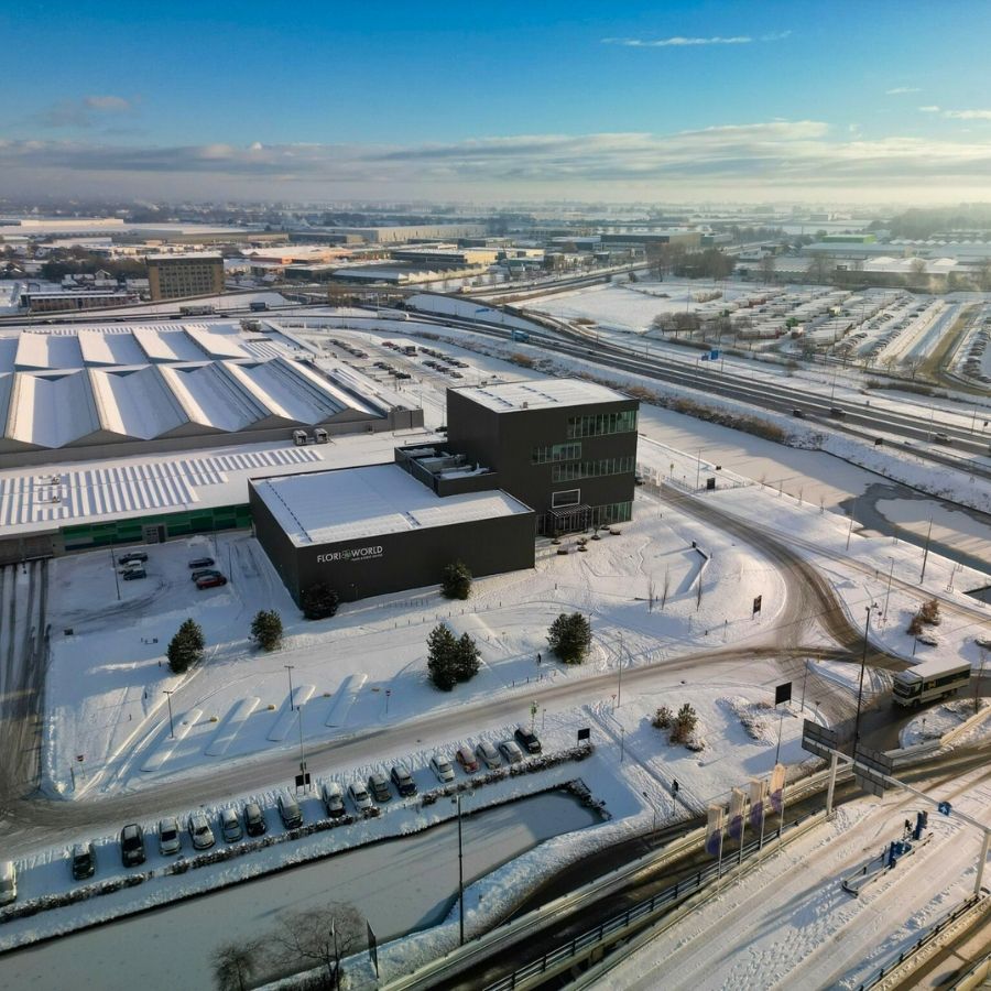FloriWorld building covered in snow