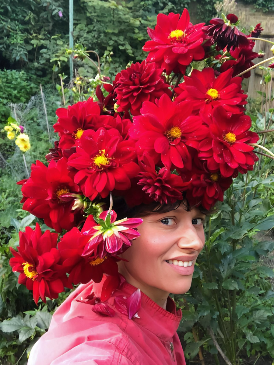 Red Dahlia headpiece by rokabringsflowers