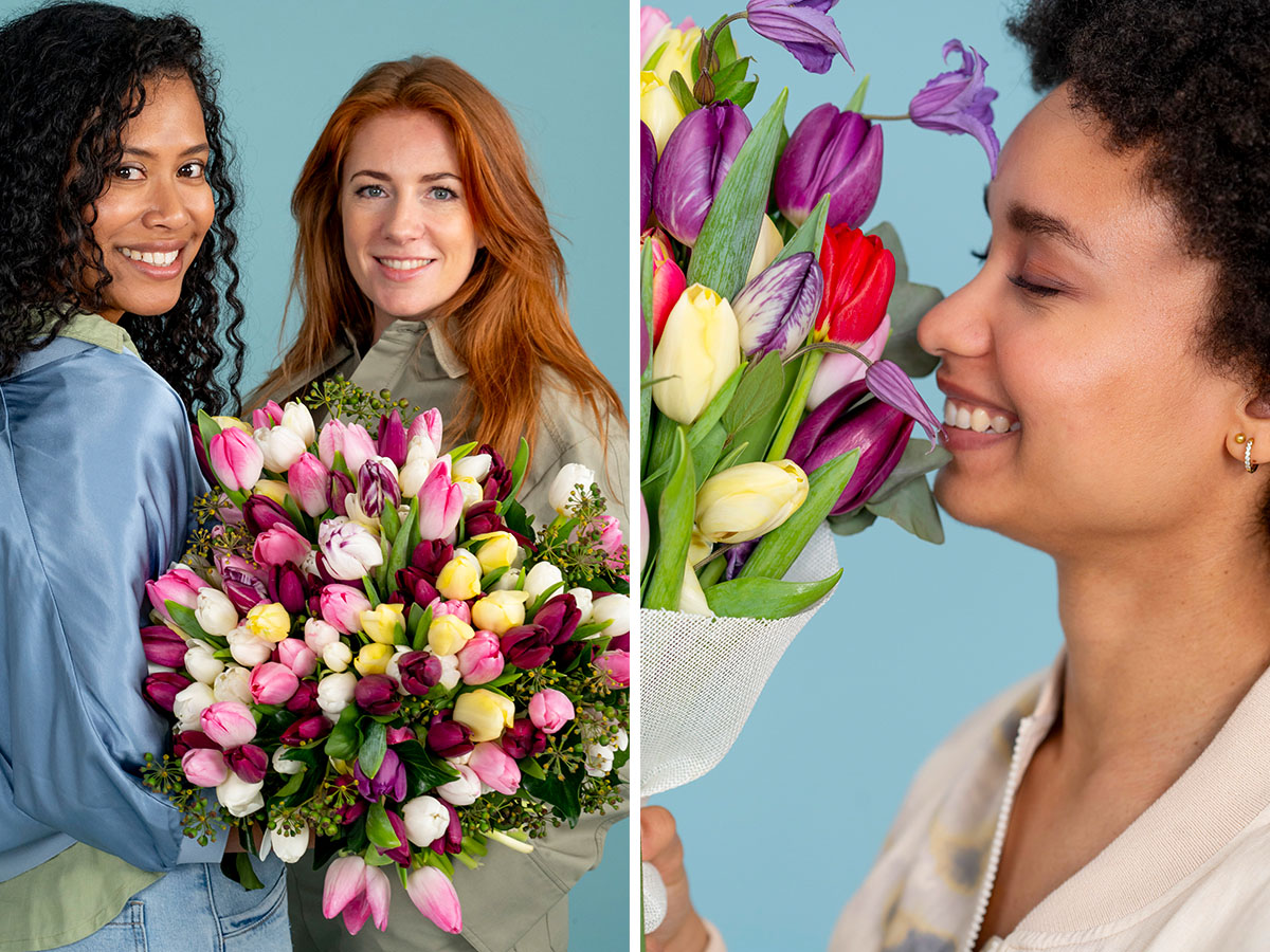 Women loving a bunch of tulips by iBulb