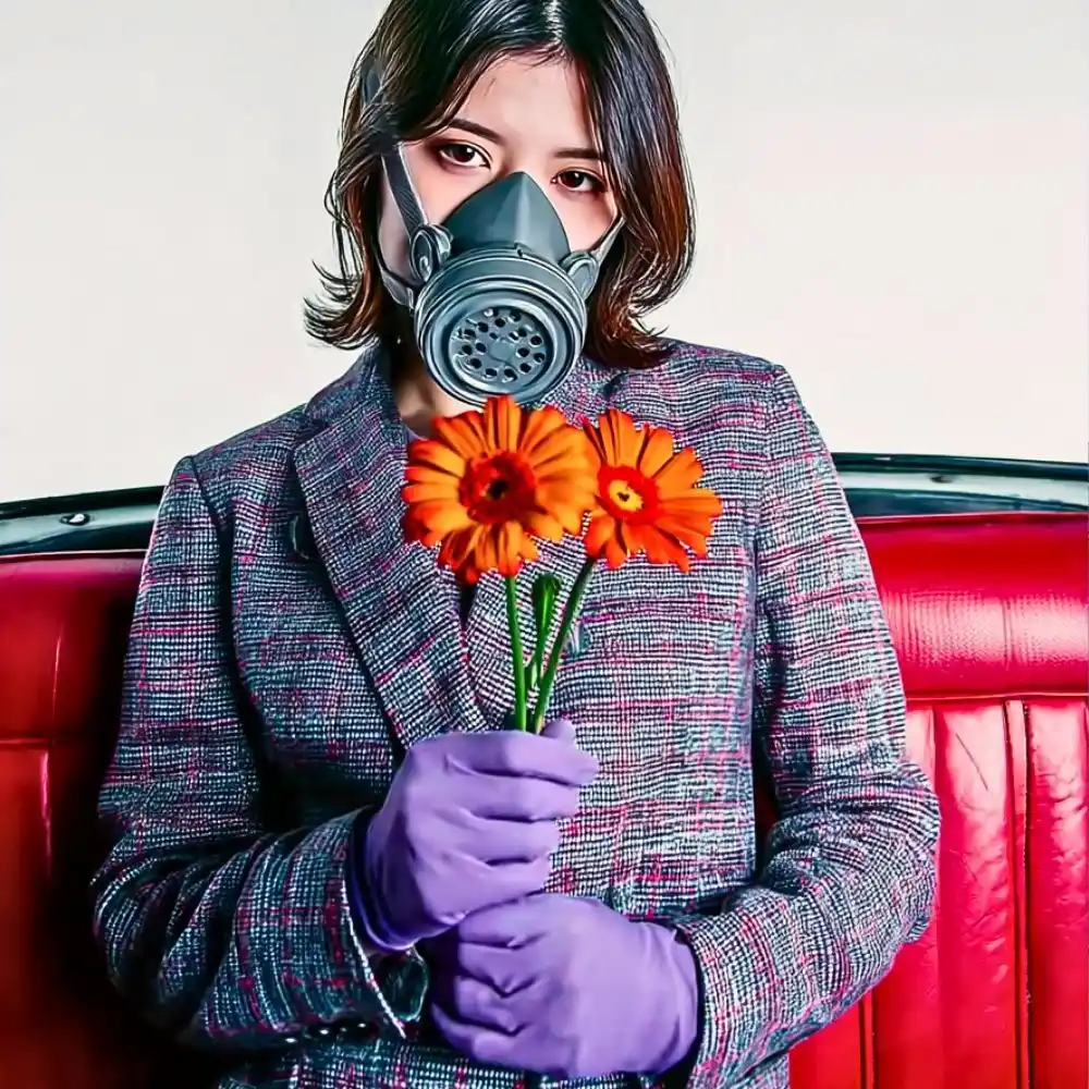 Lady with gas mask holding flowers