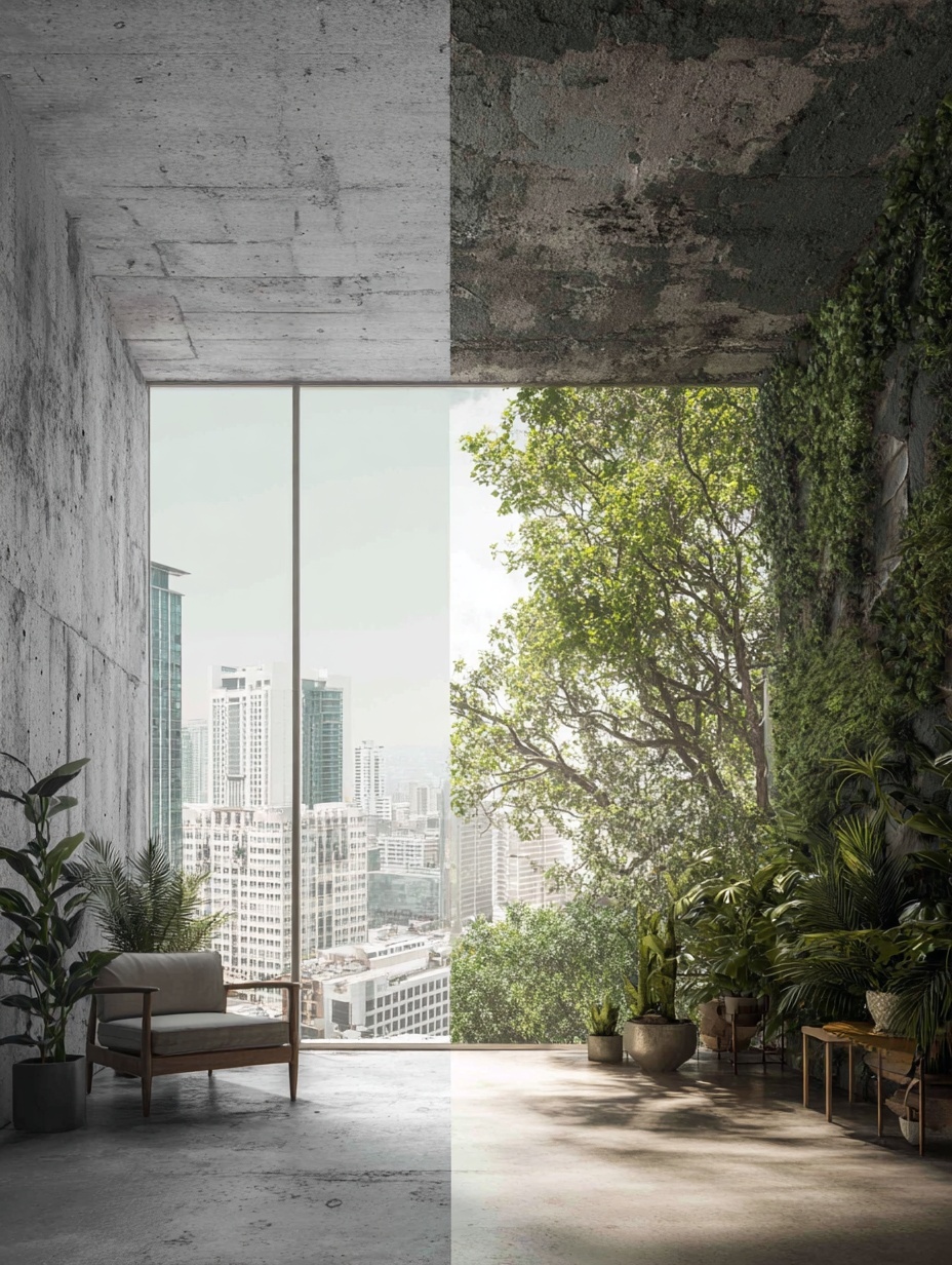 Split-scene visual showing contrast between nature-deficient urban environment and biophilic space