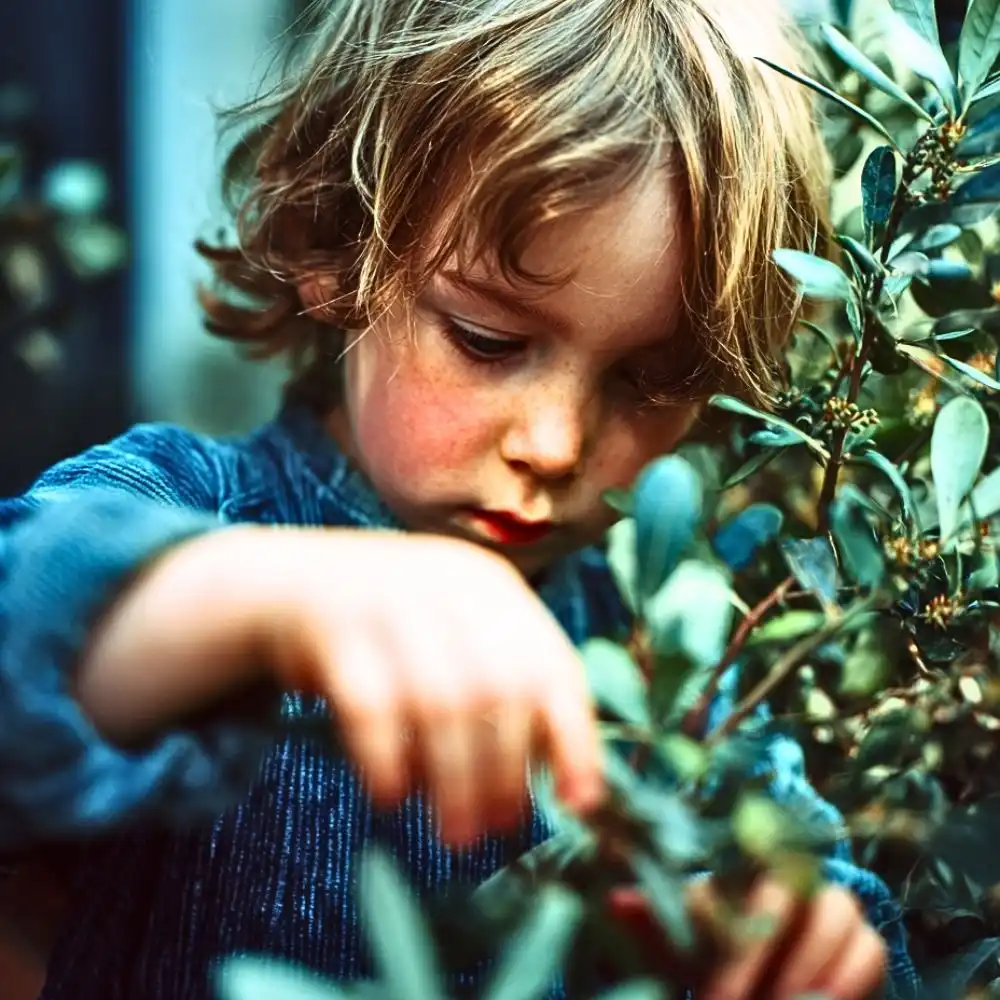 Child playing with plants