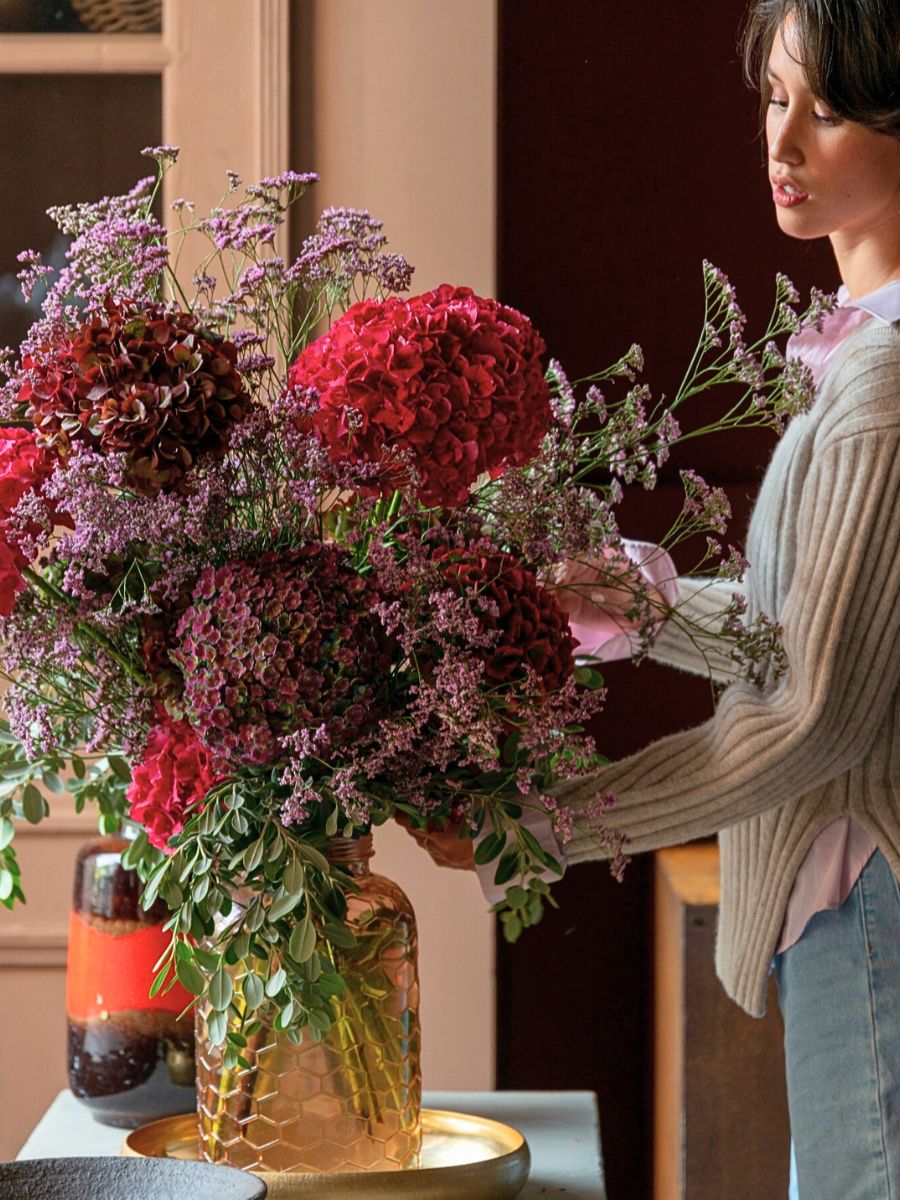 A beautiful vase of colorful hydrangeas