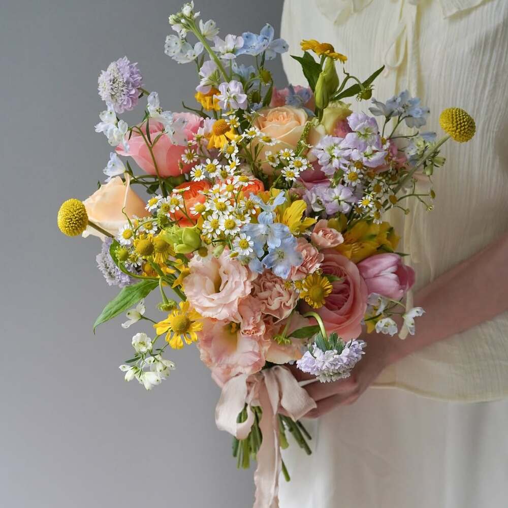 Colorful pastel wildflower wedding bouquet
