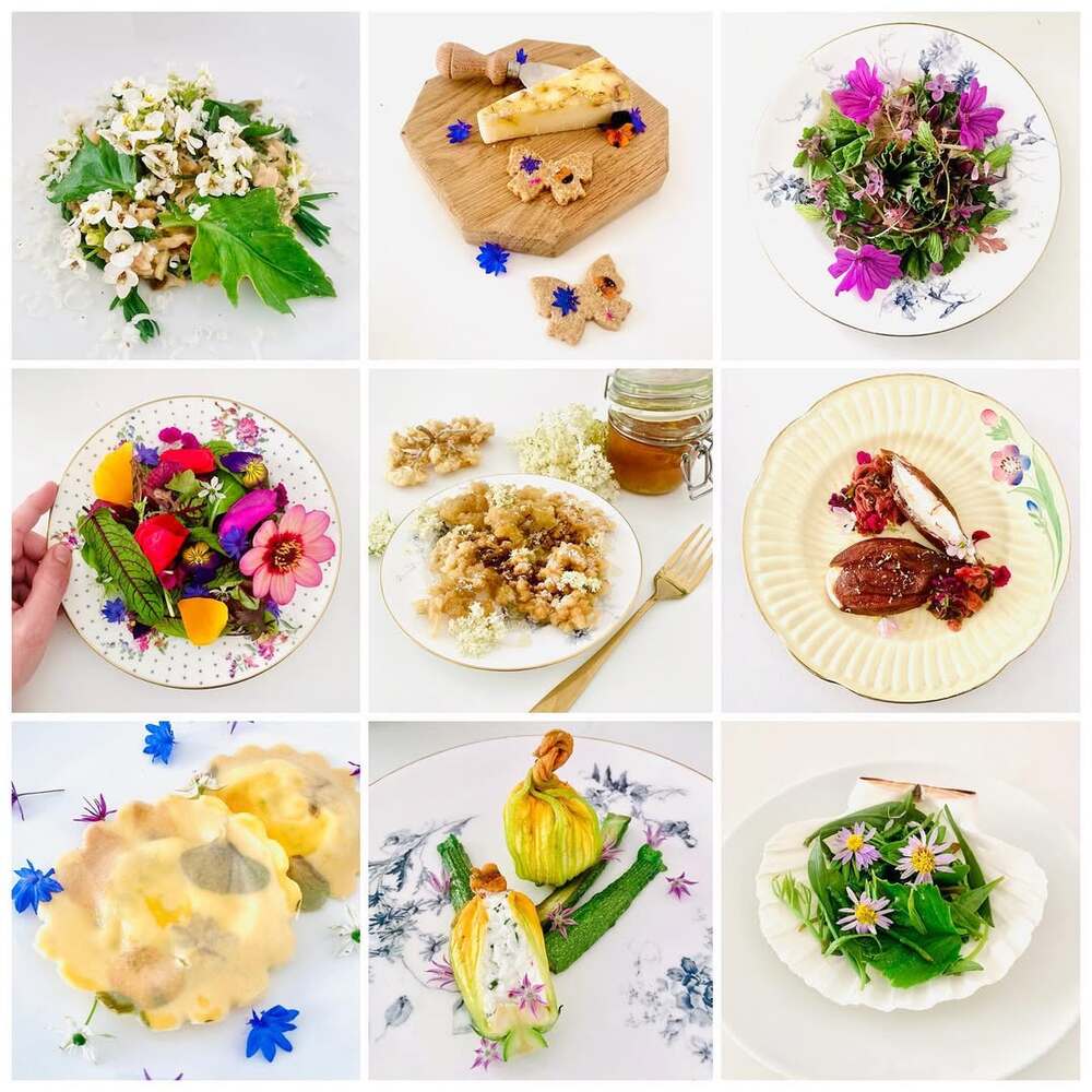 Grid of nine floral-inspired dishes