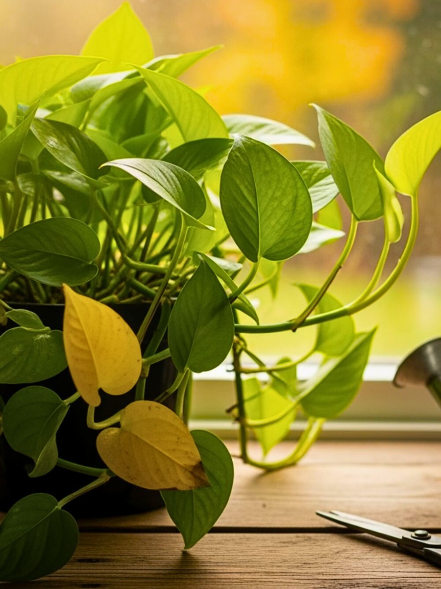 closeup of the leaves of Pothos pot kept indoors on a table