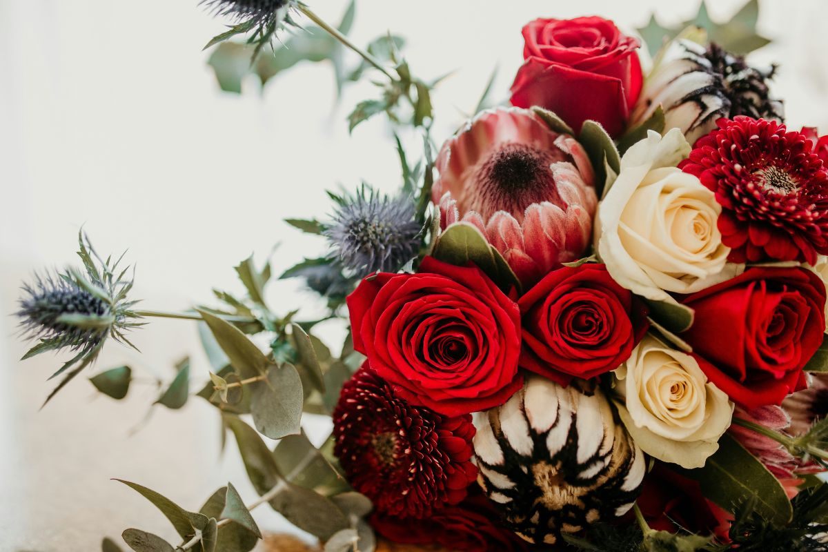 Winter wedding flowers with red roses