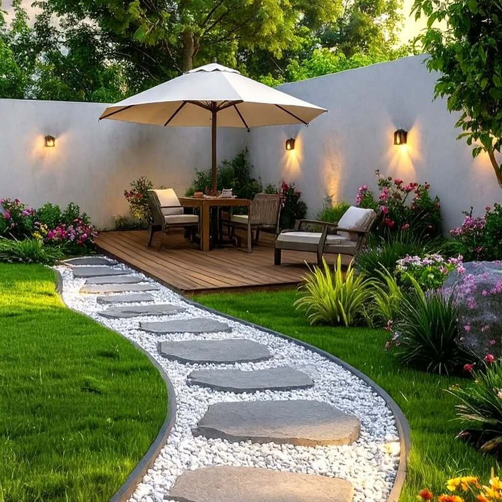 Modern flagstone path with lush greenery
