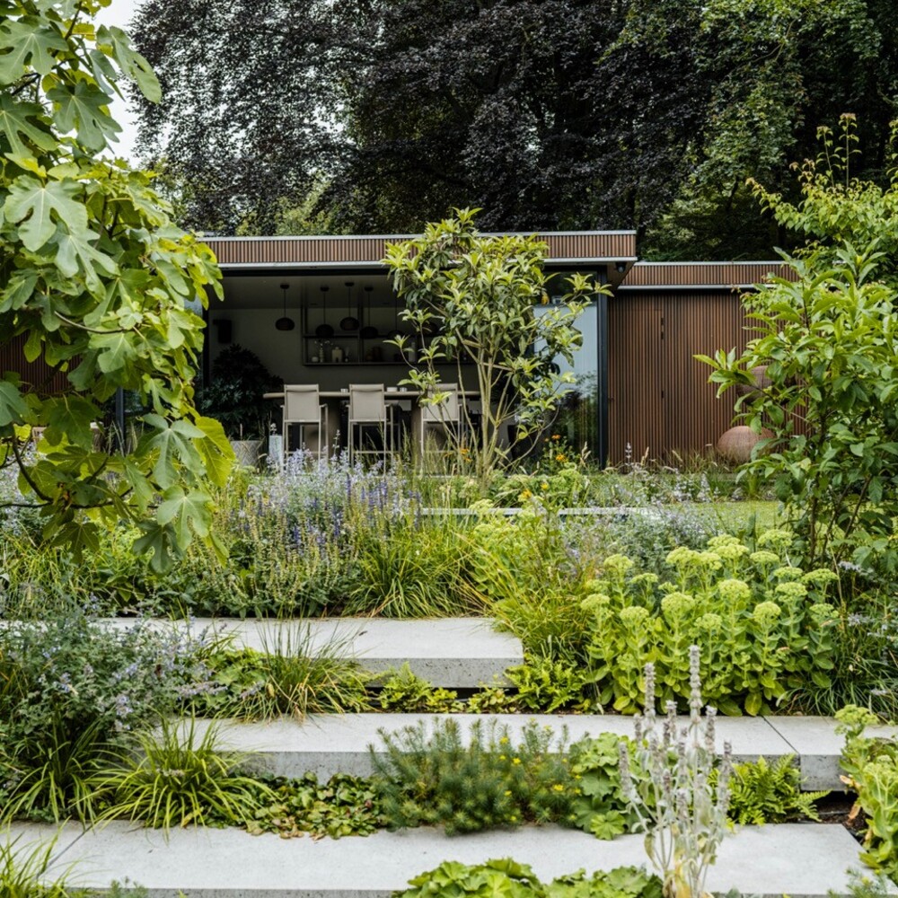 Modern hardscaping with native Calgary plants