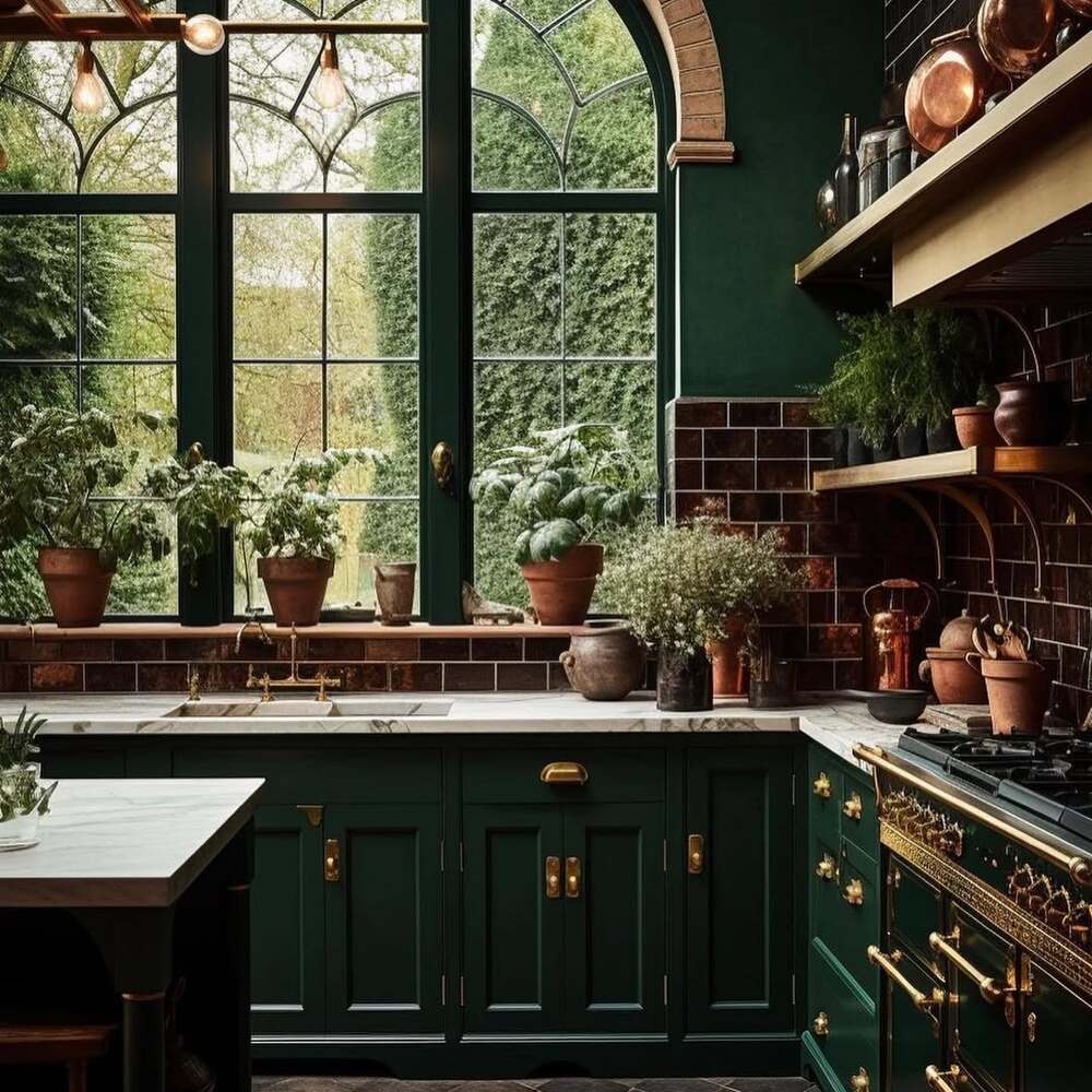 Potted plants on green kitchen windowsill