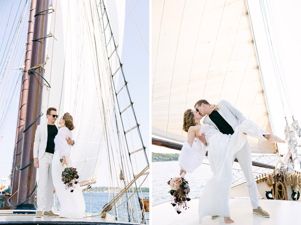 Bride and groom aboard the Regina Maris Marginpar’s Flowers in Sylvia Hartmann’s Designs for a Love Story on a Boat
