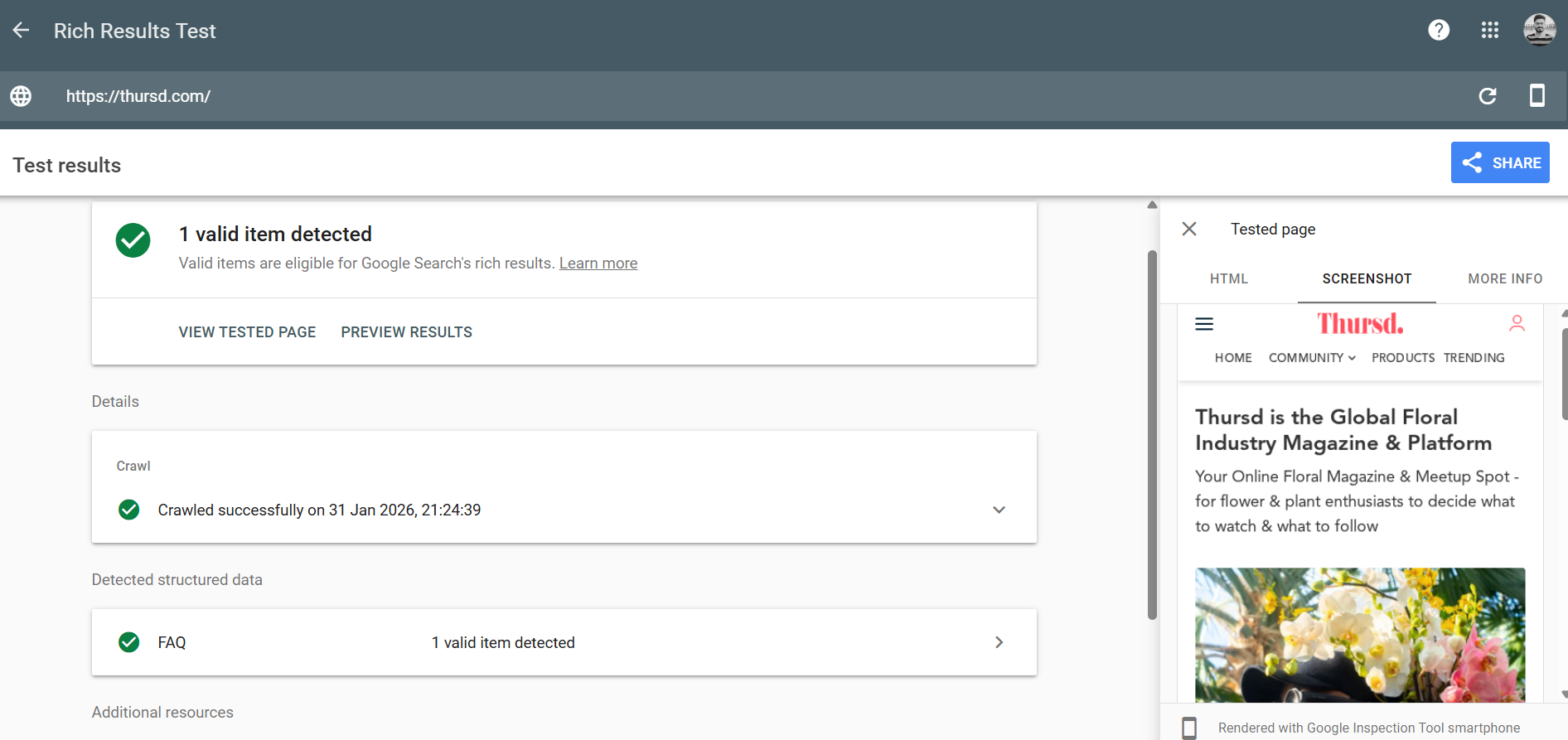 Screenshot of results comes after testing Google Rich Results Test 