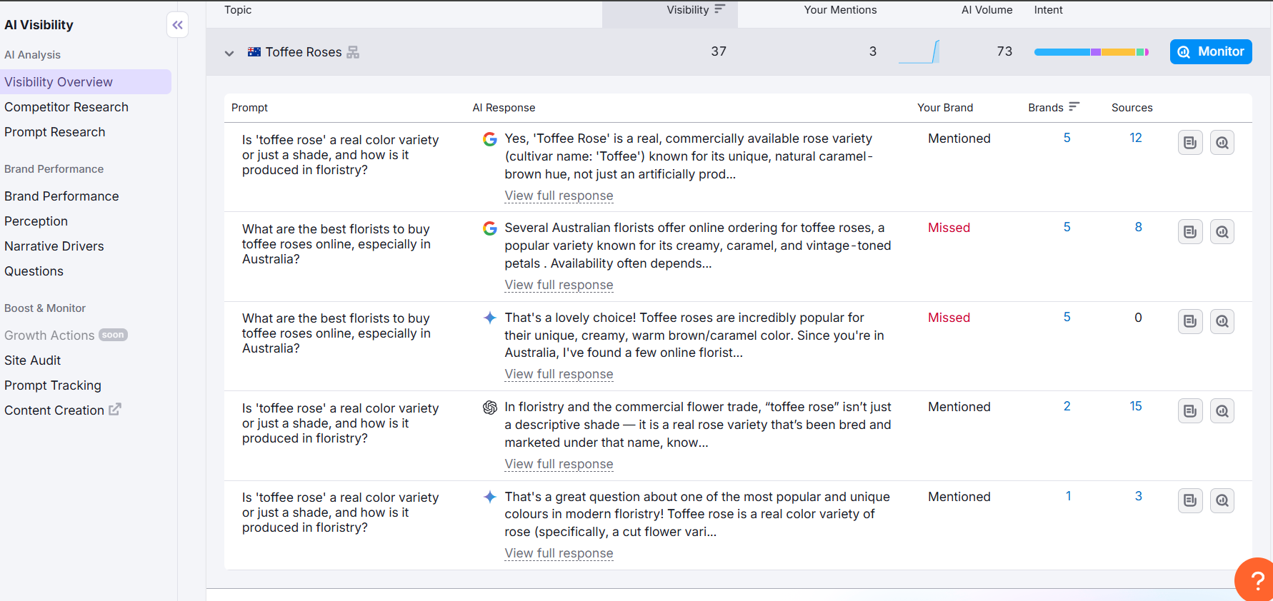 Screenshot of semrush AI overview dashboard