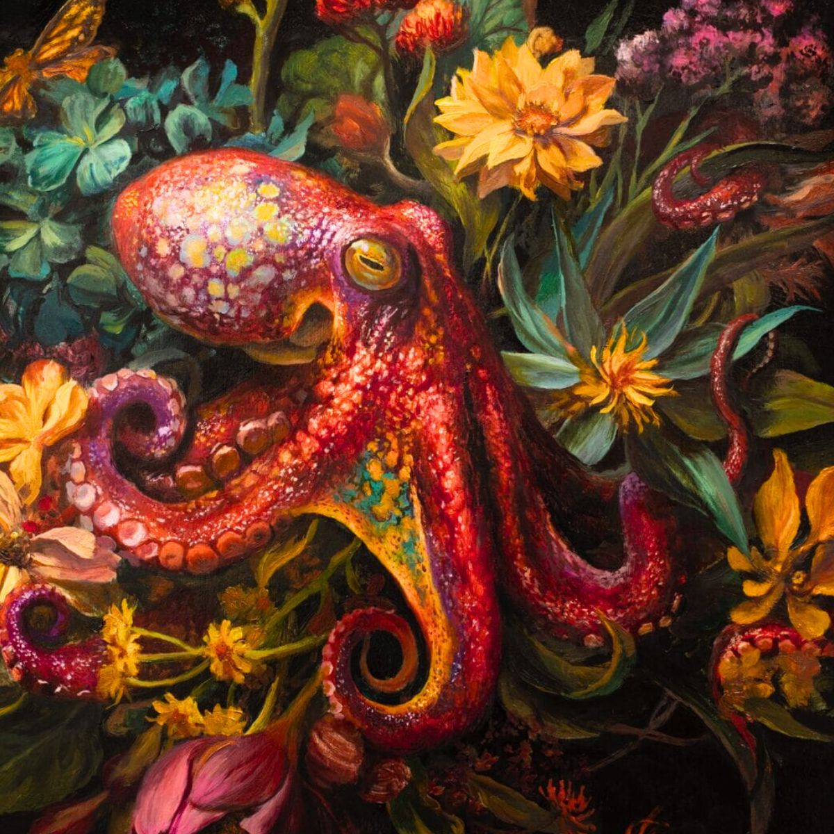 Octopus with floating flowers