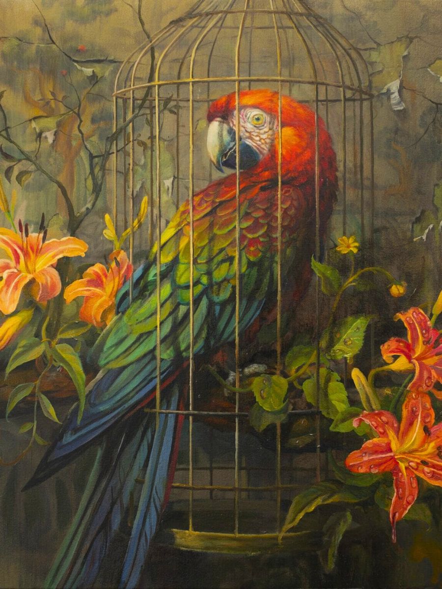 A parrot and lilies