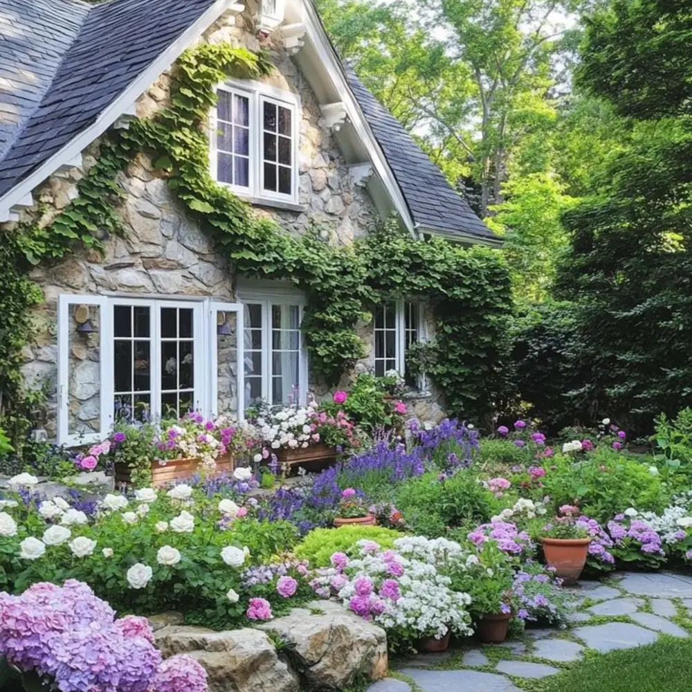 Outdoor flowering garden at house 