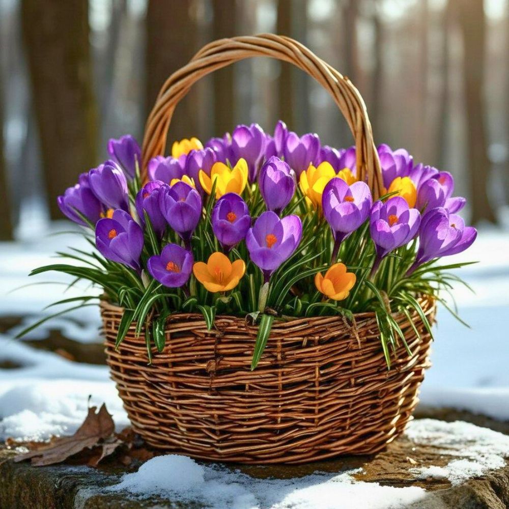 Potted Crocus plant with different flowers inside a basket