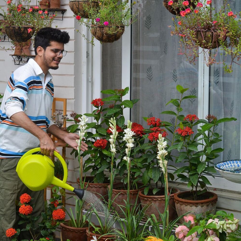 Man using garden appliances for watering