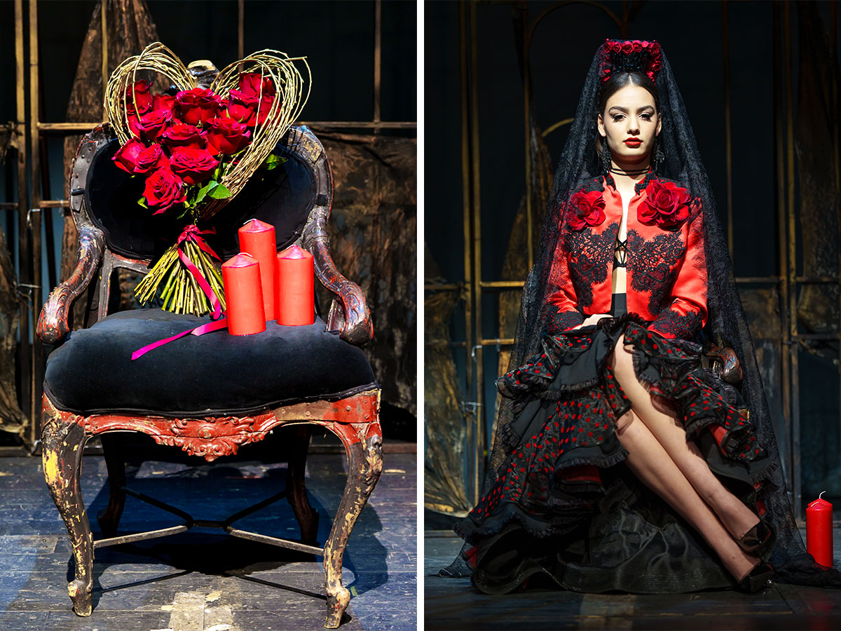 Laura Draghici Flamenco model red dress sitting