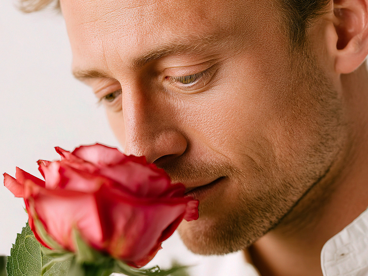 Man smelling a pink rose by witsanu singkaew