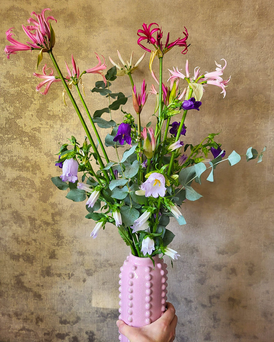Campanula bouquet with nerine and eucalyptus
