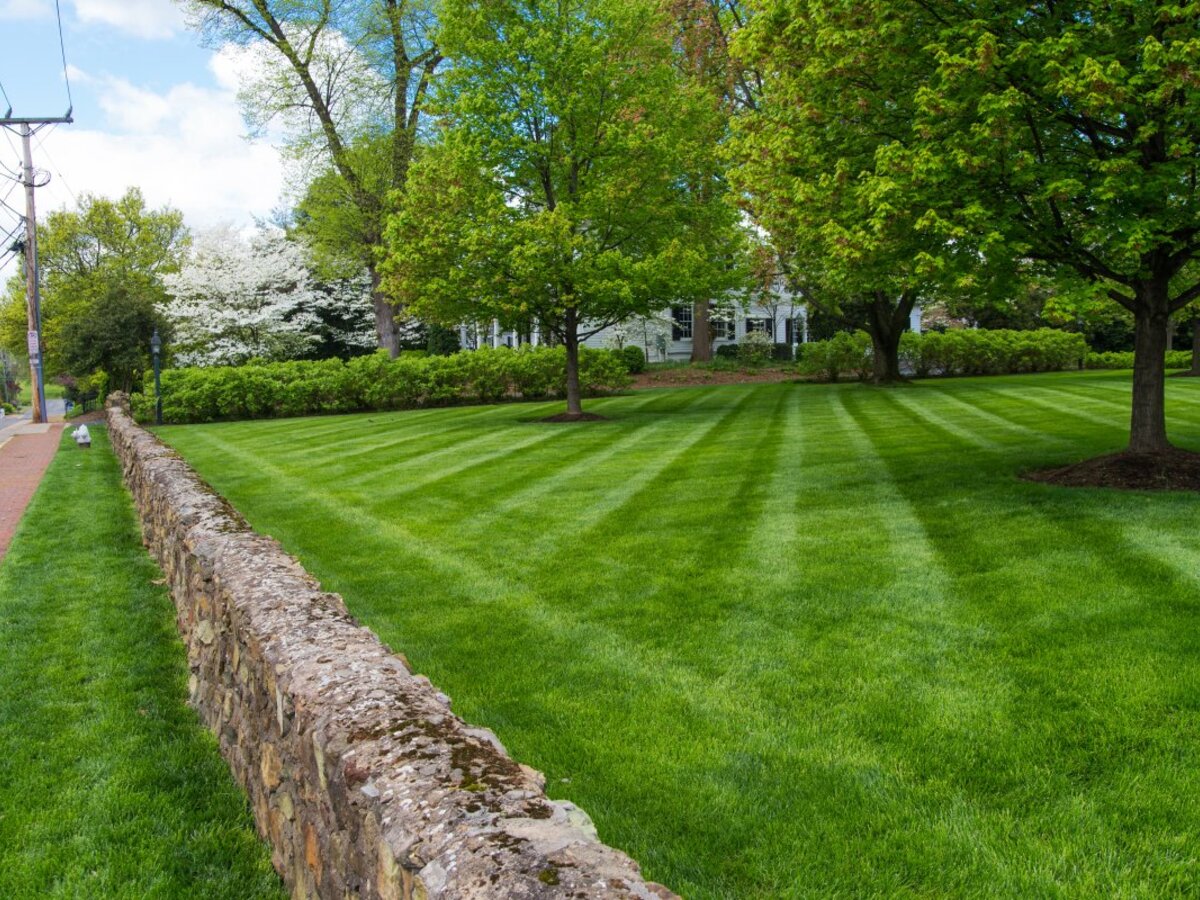Florida home with stone wall and lush green lawn that uses the best insecticide for Florida lawns
