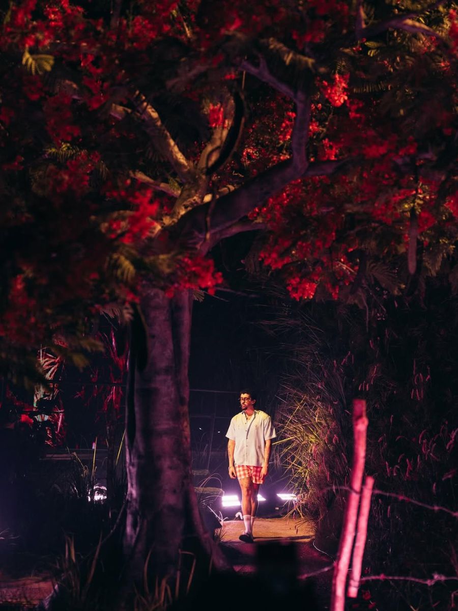 Bad Bunny walking towards a tree on stage