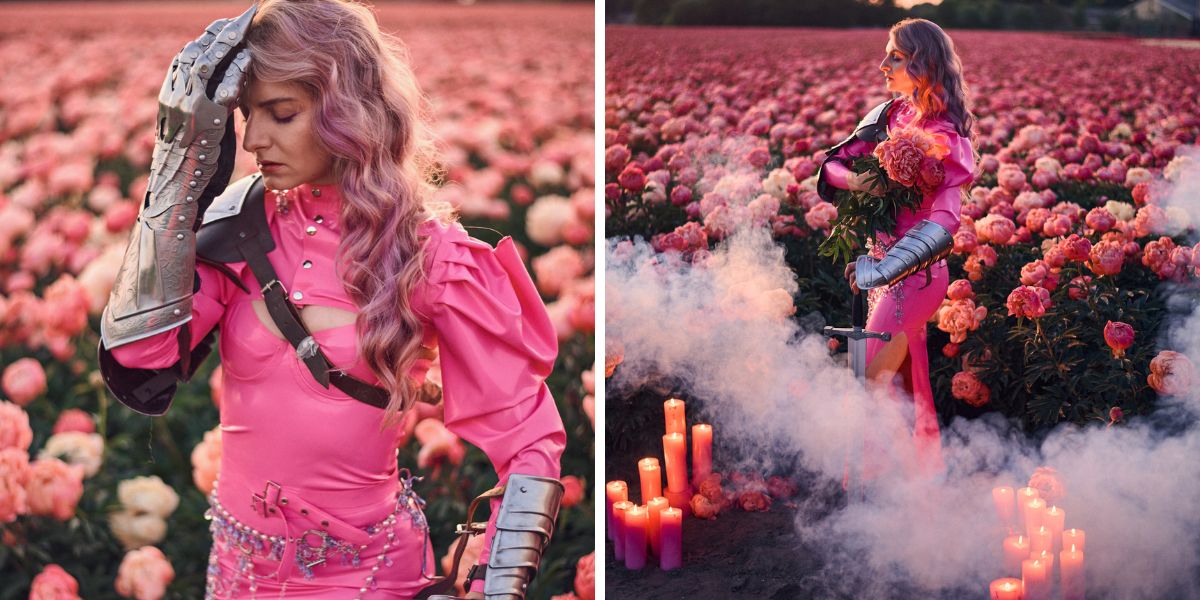 Anna Psy in a field of peonies