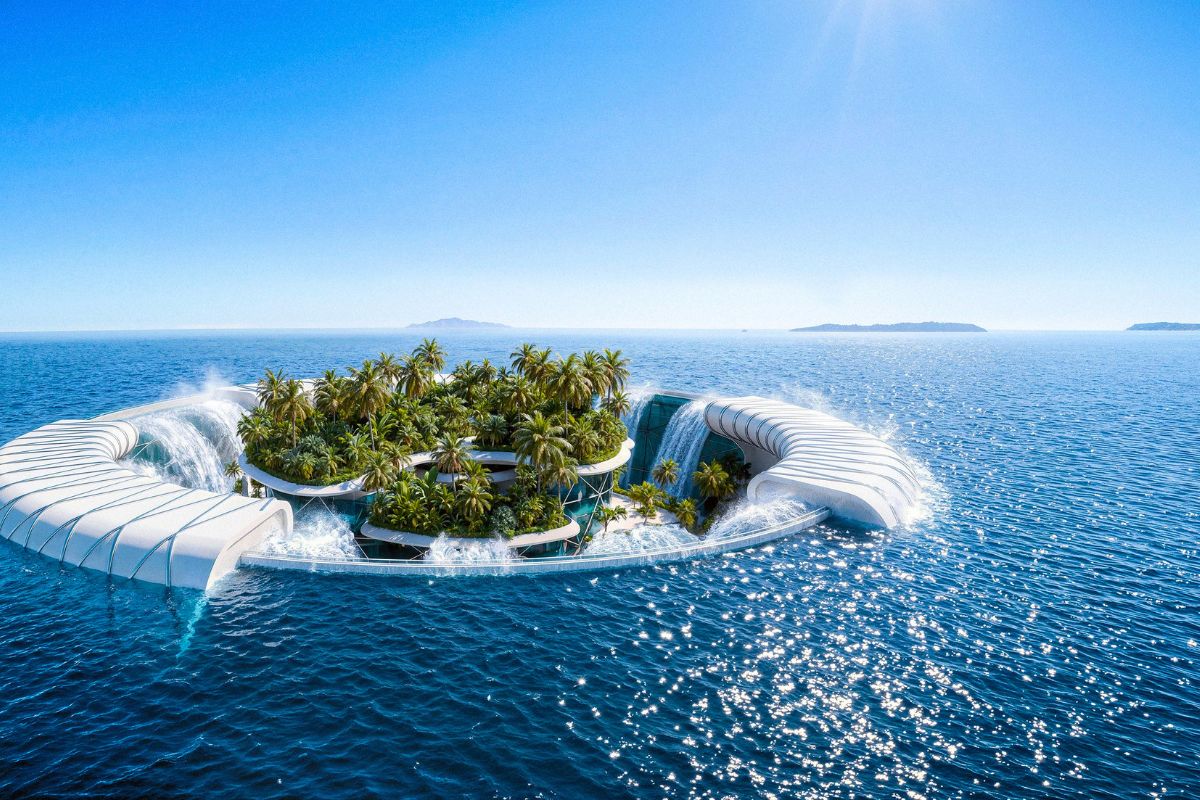 Complex filled with palm trees and surrounded by ocean