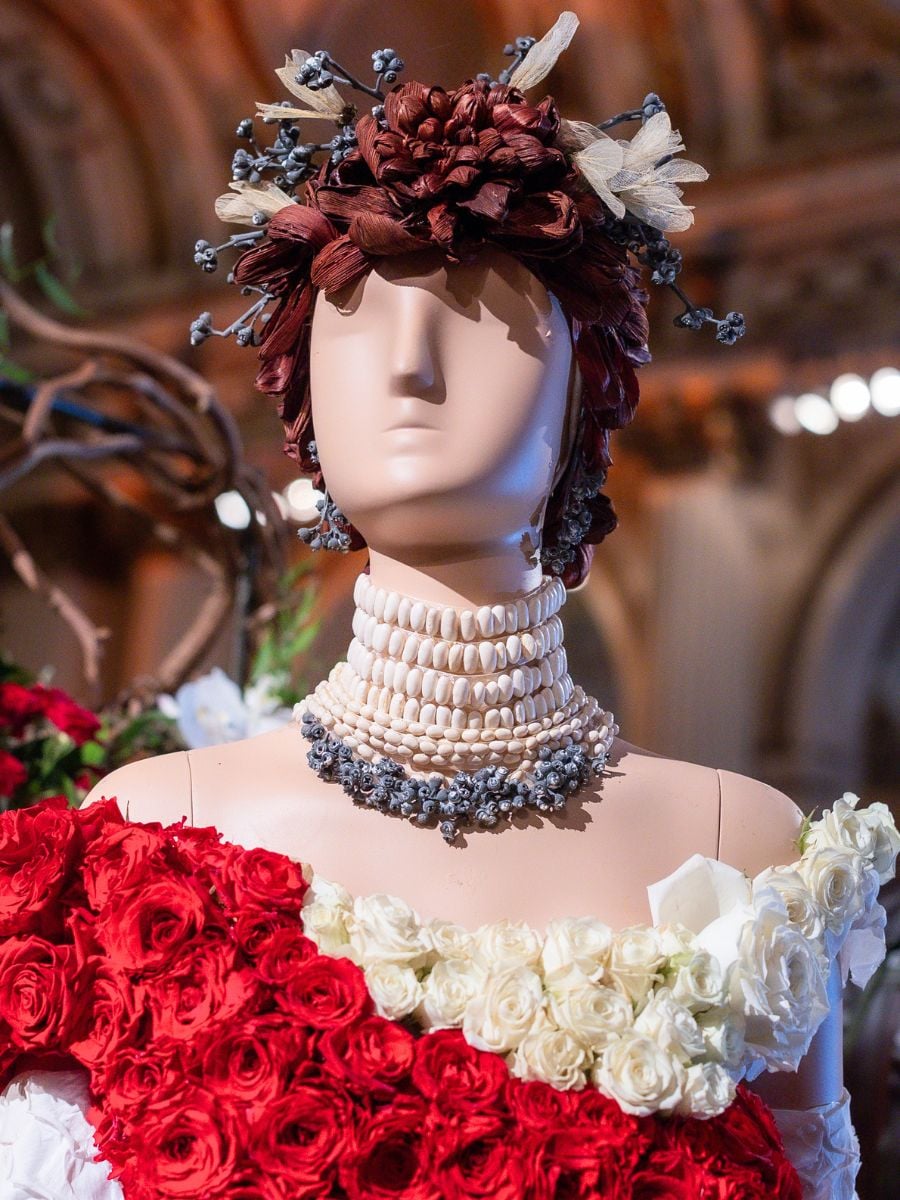 Closeup of a floral mannequin of Gilded Age