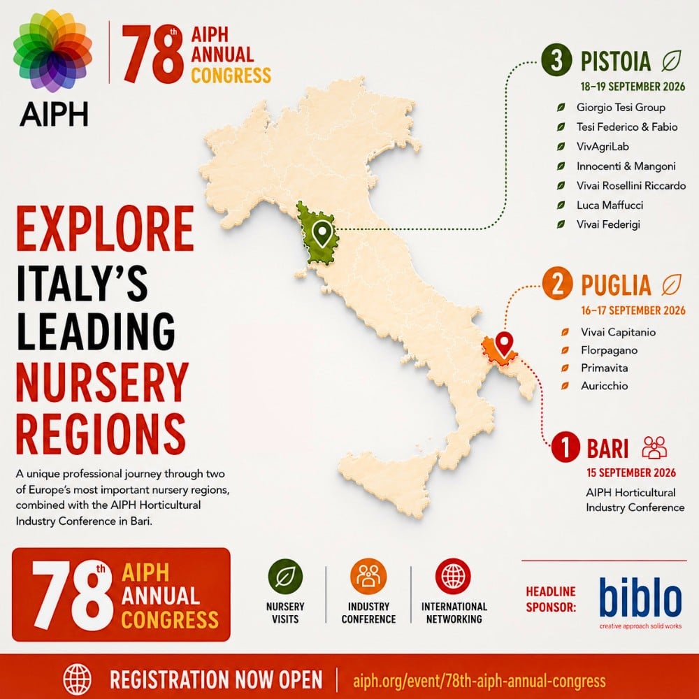 International Association of Horticultural Producers' 78th AIPH Annual Congress Comes to Bari, Italy, From September 13 to 17, 2026.