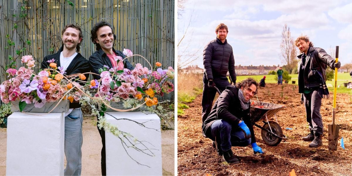 Los fundadores de Blooming Haus con flores y en el campo