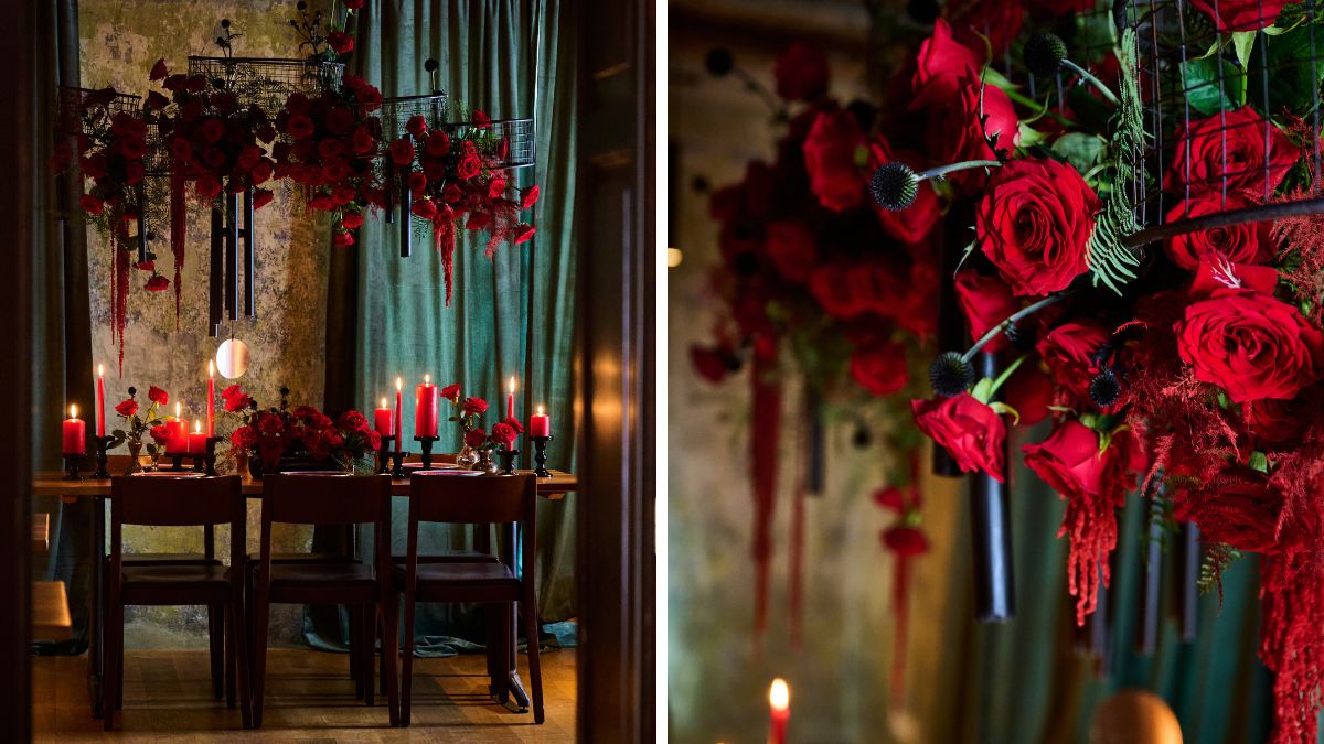 Diseño de mesa nupcial con rosas «Red Naomi» de Porta Nova , obra de Iona Nechifor 