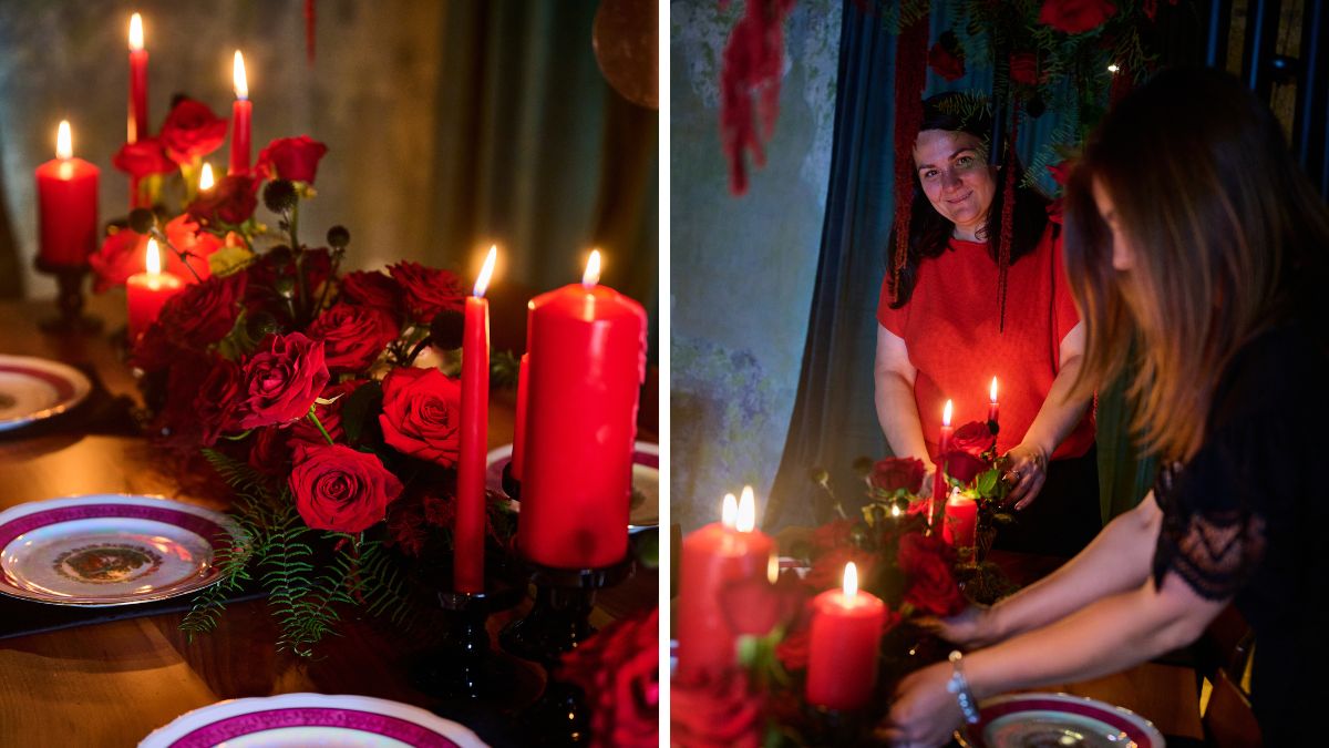 Diseño de mesa nupcial con rosas «Red Naomi» de Porta Nova , obra de Iona Nechifor 