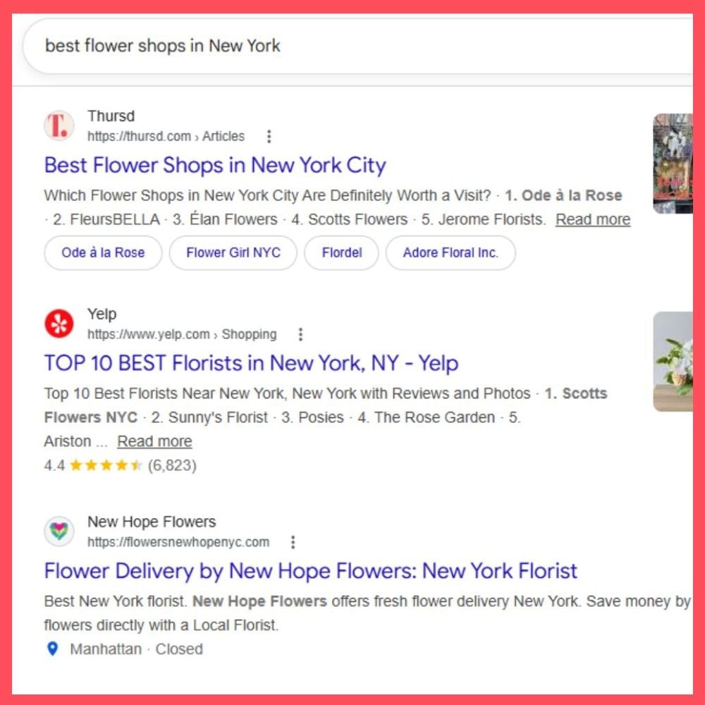 Google screenshot showing Thursd ranked at the top of the SERP for the best flower shop in NYC.