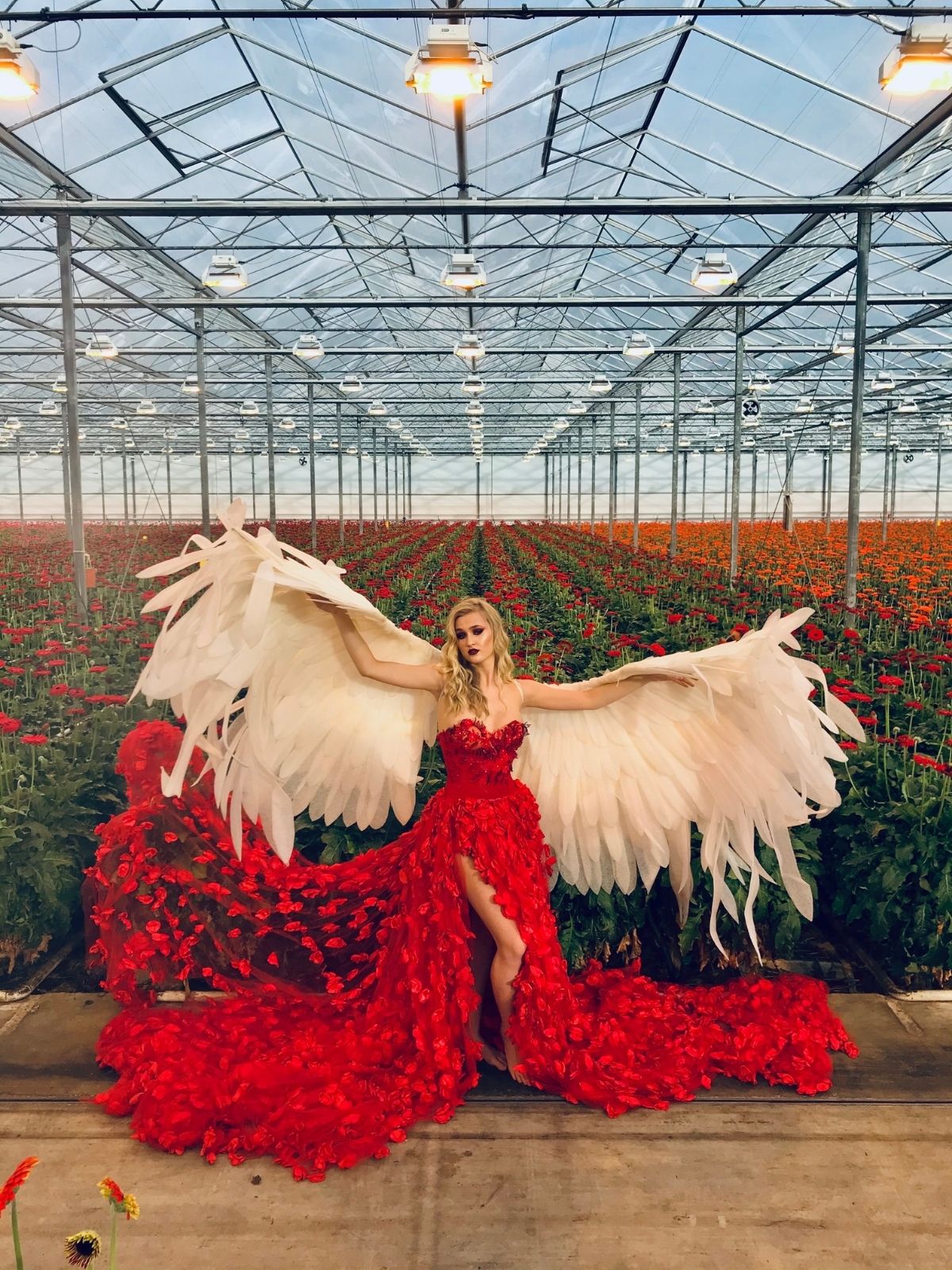 These Photoshoots Give an Everlasting Life to Otherwise Wasted Flowers - red dress with wings - art photo projects on thursd