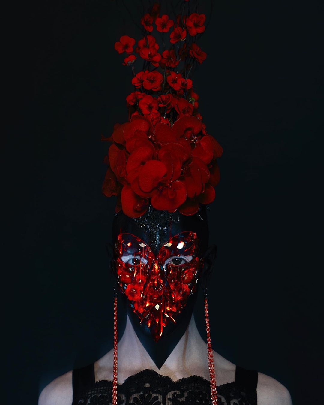 Ryan Burke Photo With Model Red Sapphire and Red Flowers as a Headpiece on Thursd